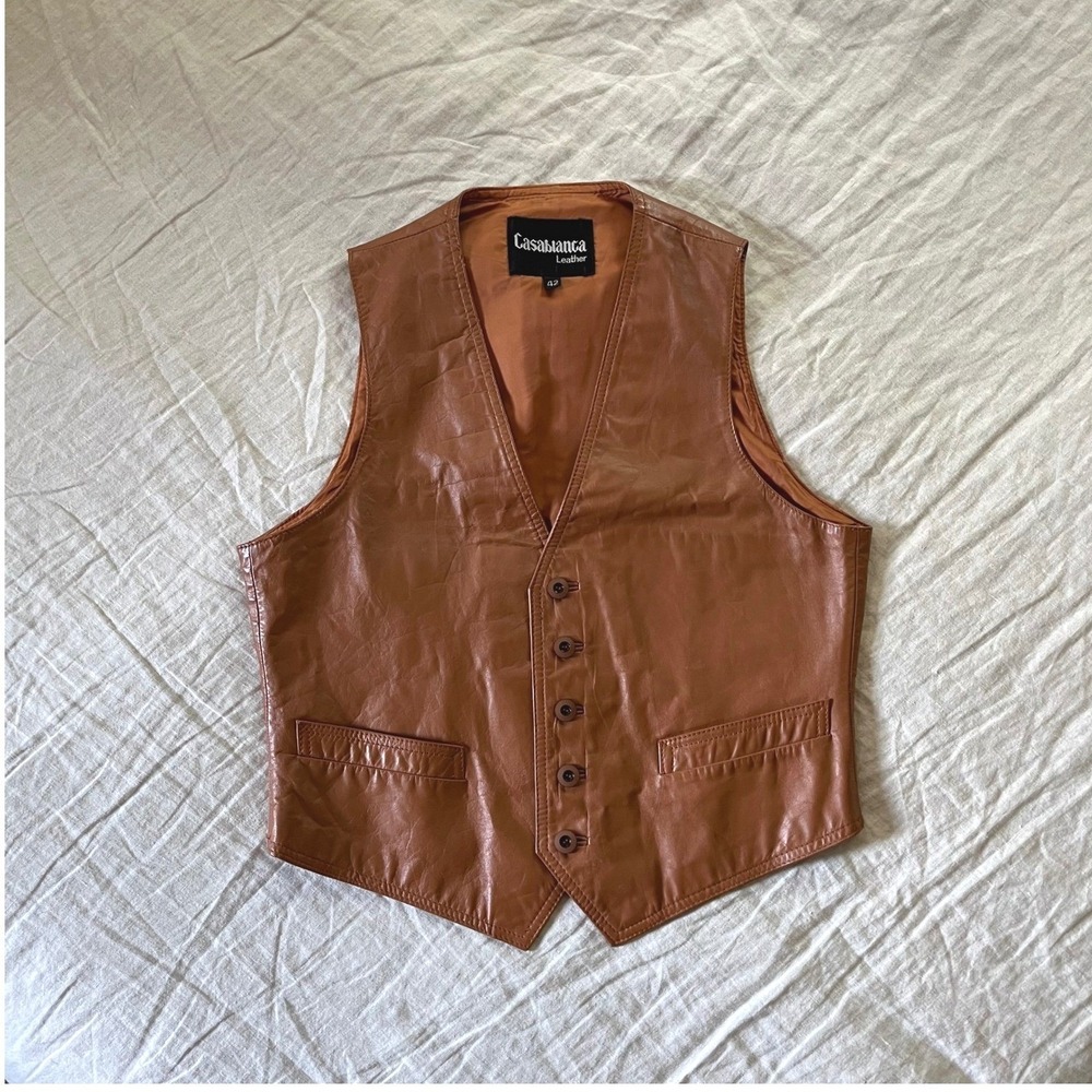 Vintage Casablanca Genuine Leather Button-Front Vest Mens 42 Tan